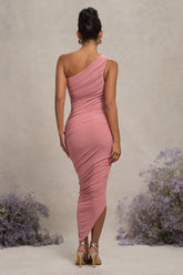 Blush Pink Maternity Ruched One Shoulder Midi Dress